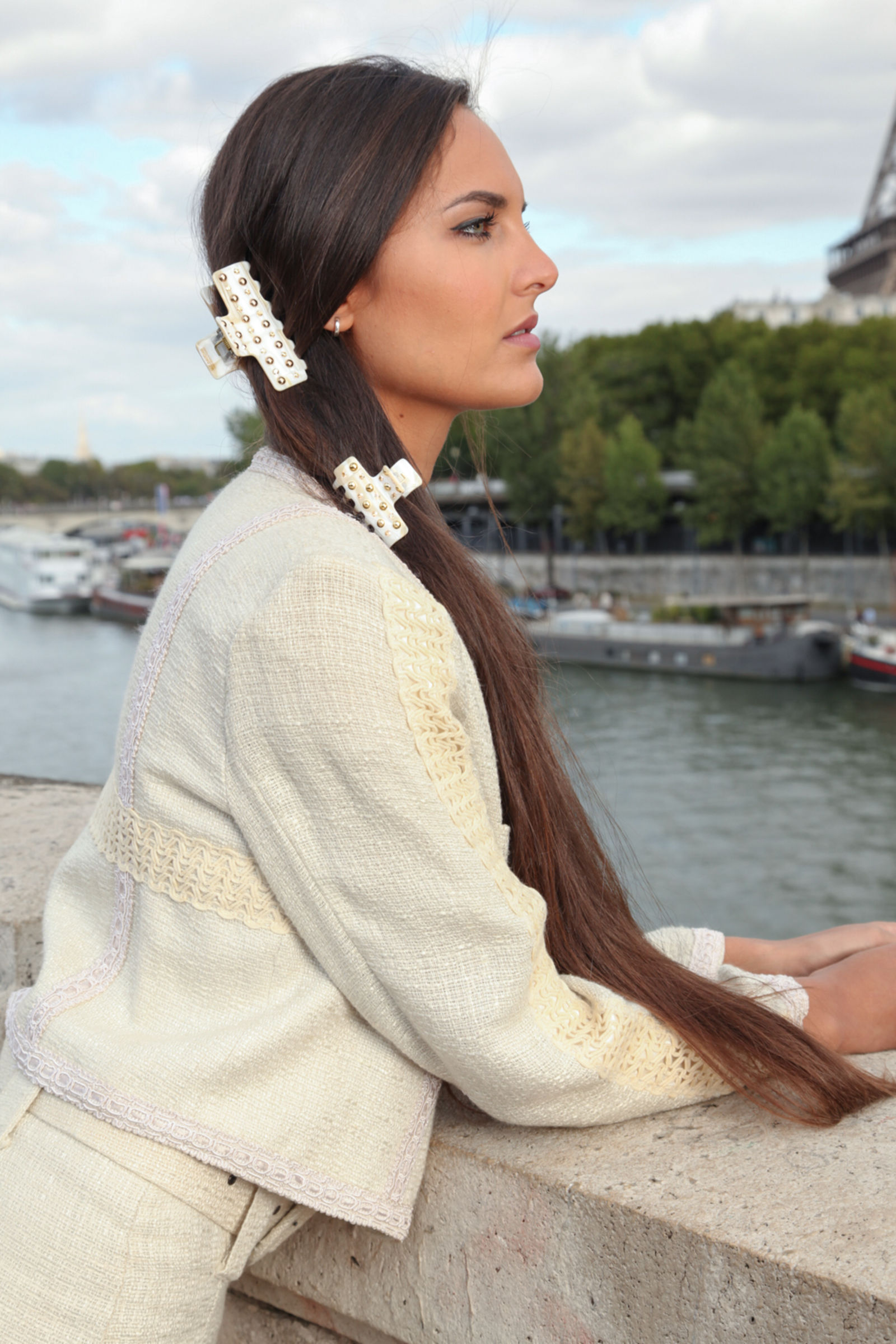 Side ponytail with barrettes, trendy look